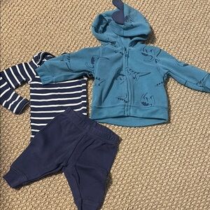 Blue Dinosaur Hoodie and Striped Onesie Set